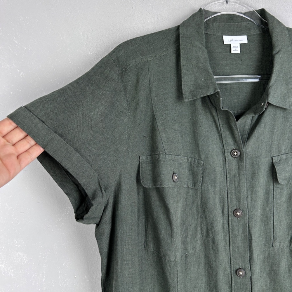 J. Jill midi shirt dress plus size 2X 100% linen green button up short sleeve - Picture 4 of 14